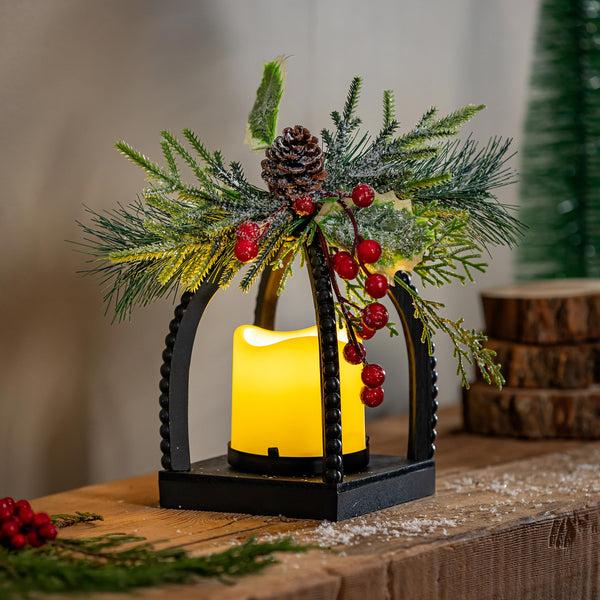 plow & hearth Winter Grove Faux Floral Table Decor Artificial with LED Lantern 10"H