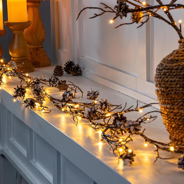 plow & hearth Winter Grove Garland Pine Cone Frosted LED Artificial 72"L