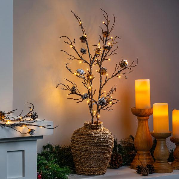 plow & hearth Winter Grove Stem Pine Cone Frosted LED Artificial Branch 30"H