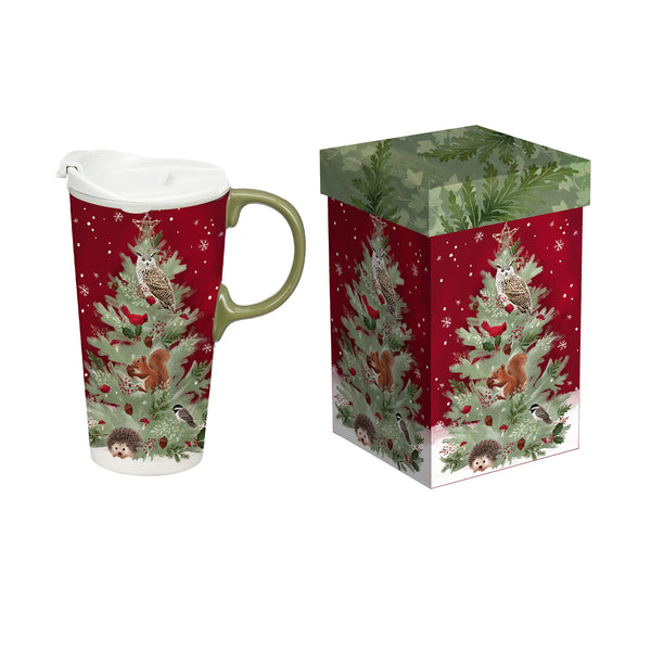 plow & hearth Winter Grove Travel Cup Ceramic Perfect Cup Tree 17oz Gift Box