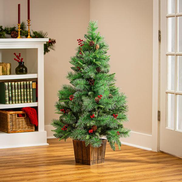 plow & hearth Winter Grove Tree Artificial LED Pine Cone and Berry 48”H