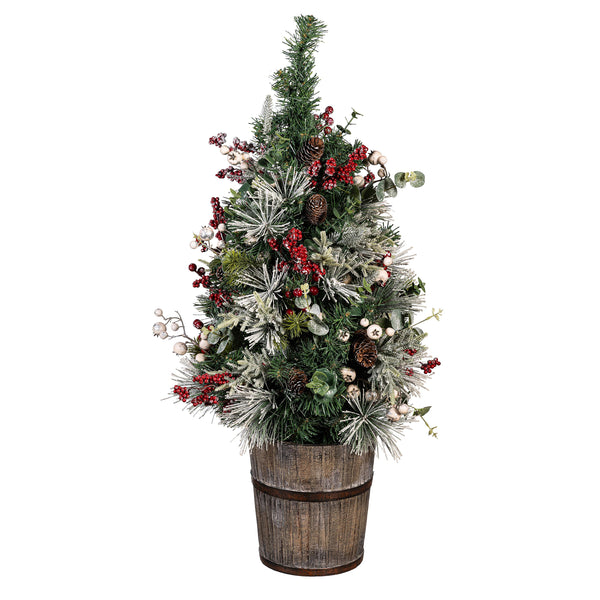 Plow & Hearth Winter Grove Tree Artificial LED Wood Potted Frosted Holly Berry 32"H