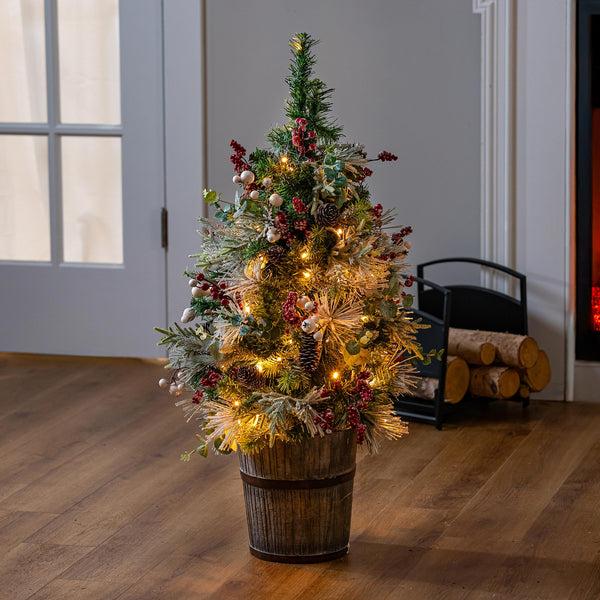 plow & hearth Winter Grove Tree Artificial LED Wood Potted Frosted Holly Berry 32"H