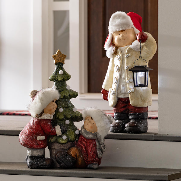 Plow & Hearth Wintertime Children With Lanterns Solar Garden Statues Set Of 2