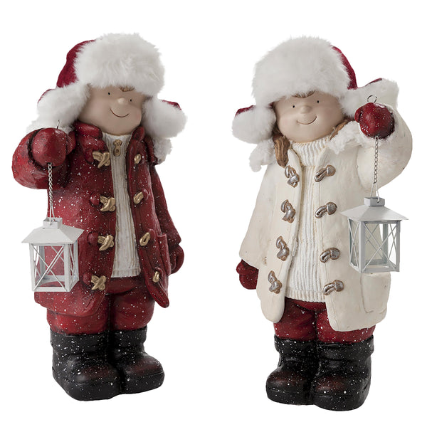 Plow & Hearth Wintertime Children With Lanterns Solar Garden Statues Set Of 2