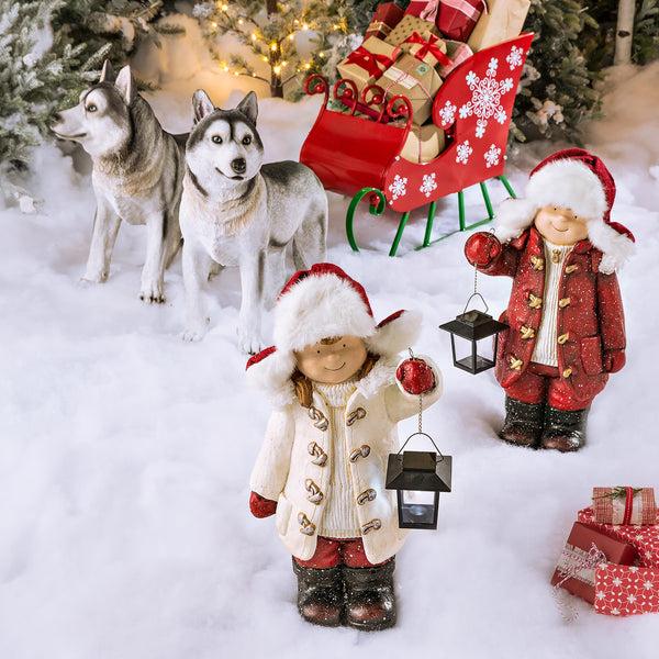 Plow & Hearth Wintertime Children With Lanterns Solar Garden Statues Set Of 2