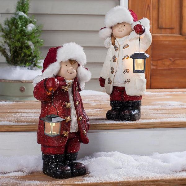 plow & hearth Wintertime Children with Lanterns Solar Garden Statues Set of 2