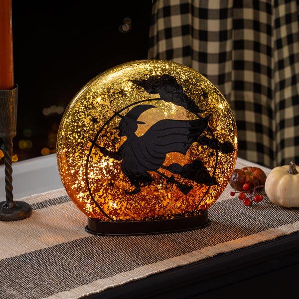 plow & hearth Witch on Broom LED Crackle Glass Table Décor 9.75"H