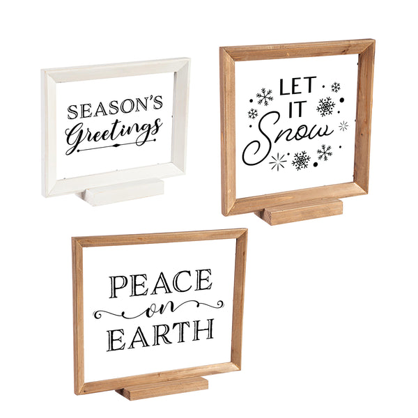 plow & hearth Wood Framed Décor Set of 3 "Season's Greetings" "Peace on Earth" "Let it Snow"