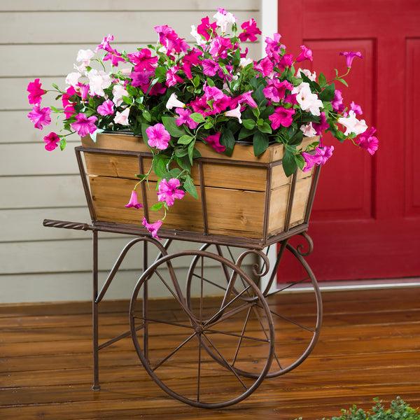 plow & hearth Wooden Wagon Planter/Drink Holder with Wheels