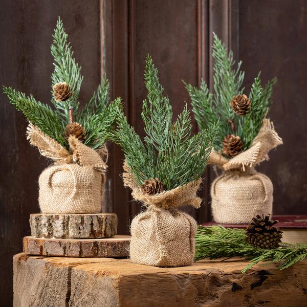 Plow & Hearth Woodland Storybook Faux Floral Table Décor Pine Artificial With Burlap Sack Set Of 3