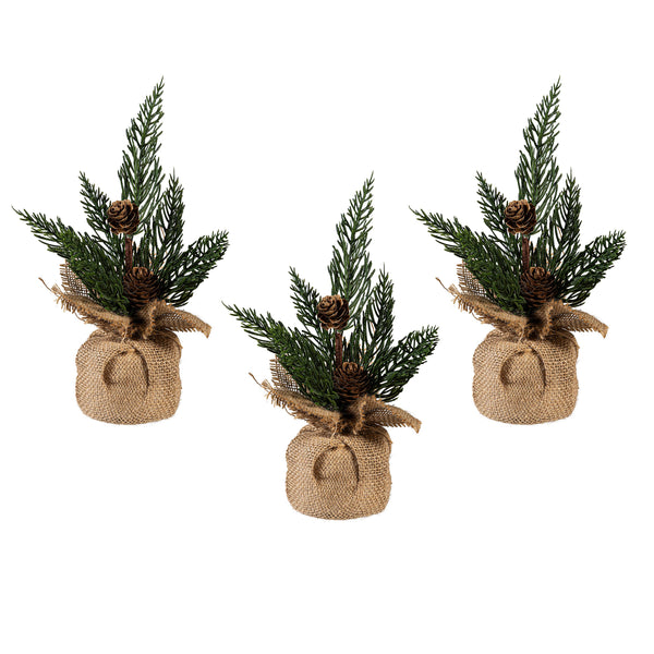 Plow & Hearth Woodland Storybook Faux Floral Table Décor Pine Artificial With Burlap Sack Set Of 3