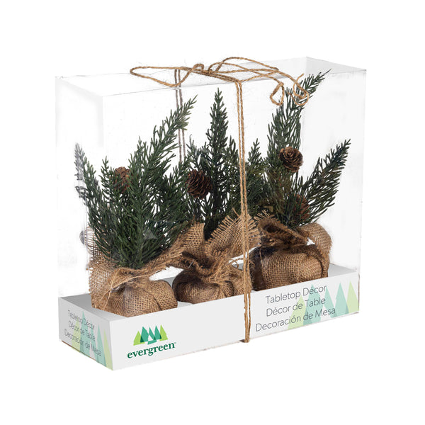 plow & hearth Woodland Storybook Faux Floral Table Décor Pine Artificial with Burlap Sack Set of 3