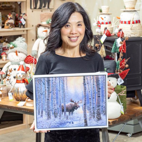 Plow & Hearth Woodland Storybook Indoor Wall Decor LED Canvas With White Frame Moose 16" L X 12" H