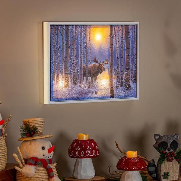 plow & hearth Woodland Storybook Indoor Wall Decor LED Canvas with White Frame Moose 16" L x 12" H
