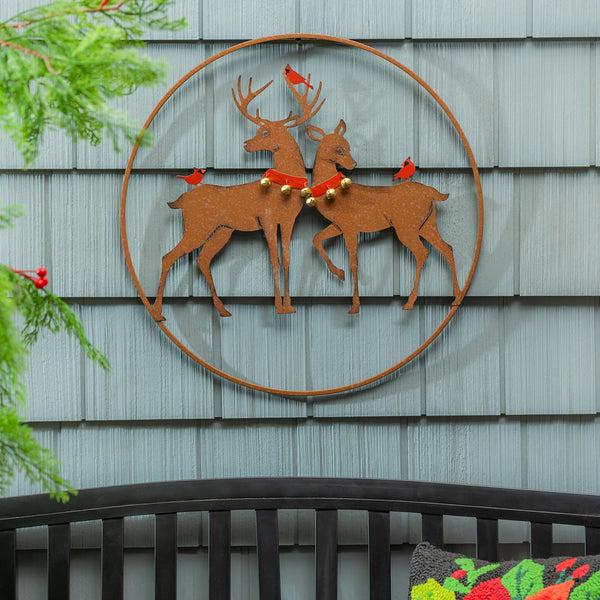 plow & hearth Woodland Storybook Outdoor Wall Decor Metal Reindeer Circular Wall Art 20"