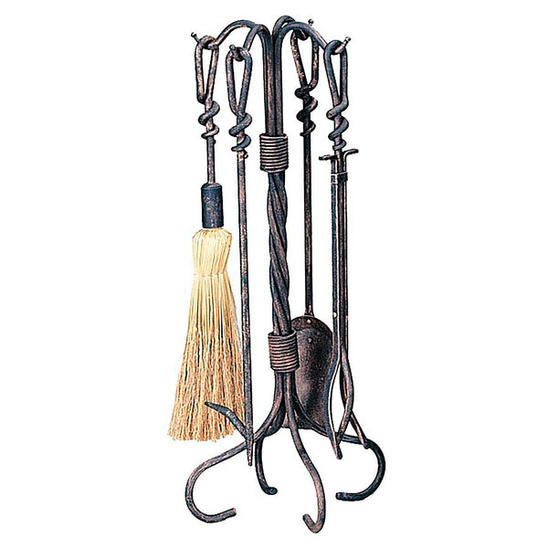 plow & hearth Wrought Iron 5-Piece Fireplace Tool Set with Twist Handles In Antique Rust Finish