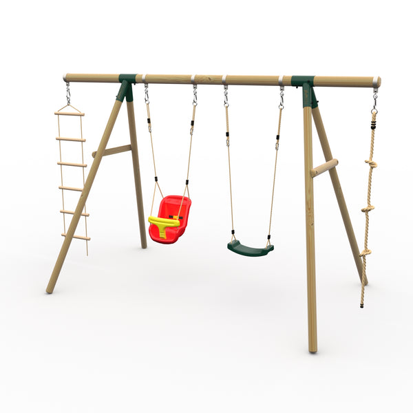 Plum® Gibbon™ Wooden Swing Set - Single Swing Baby Seat Rope & Ladder