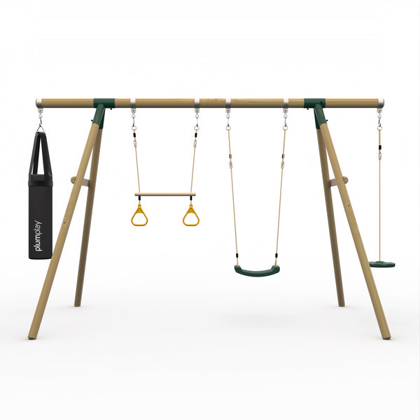 Plum® Gibbon™ Wooden Swing Set - Swing Trapeze Disc Seat & Punch Bag