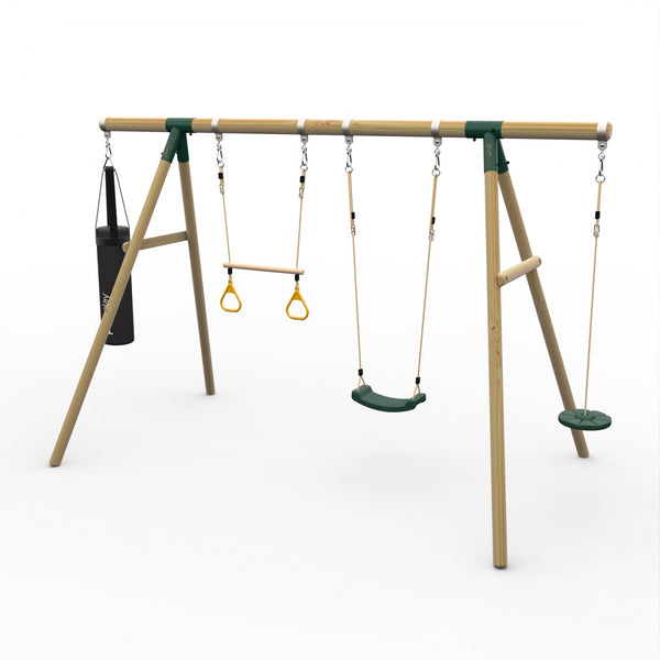 Plum® Gibbon™ Wooden Swing Set - Swing Trapeze Disc Seat & Punch Bag
