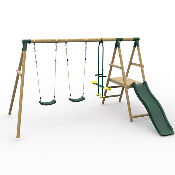 Plum® Lesula Wooden Swing Set - Double Swing Glider Deck & Slide