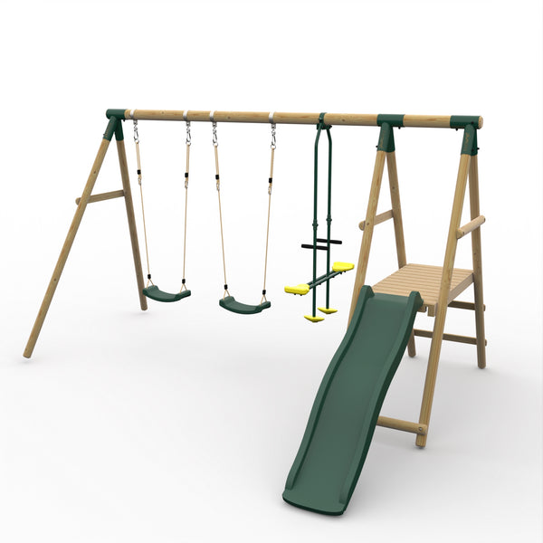 Plum® Lesula Wooden Swing Set - Double Swing Glider Deck & Slide