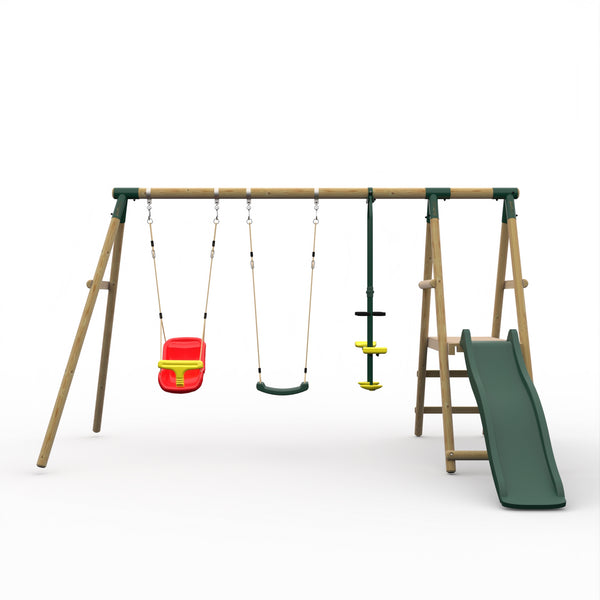 Plum® Lesula Wooden Swing Set - Single Swing Baby Seat Glider Deck & Slide - Green
