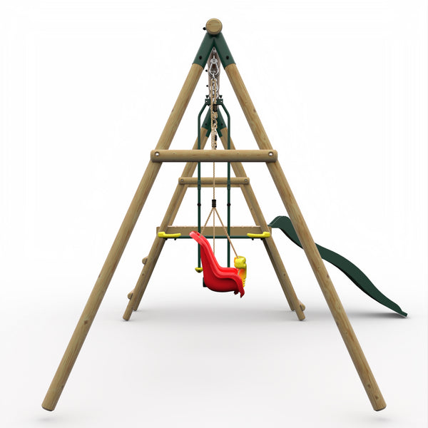 Plum® Lesula Wooden Swing Set - Single Swing Baby Seat Glider Deck & Slide - Green