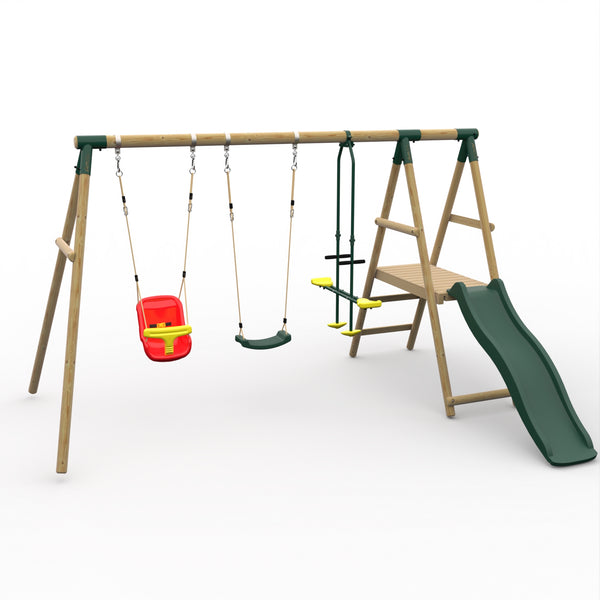 Plum® Lesula Wooden Swing Set - Single Swing Baby Seat Glider Deck & Slide - Green
