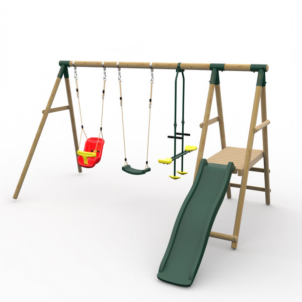 Plum® Lesula Wooden Swing Set - Single Swing Baby Seat Glider Deck & Slide - Green