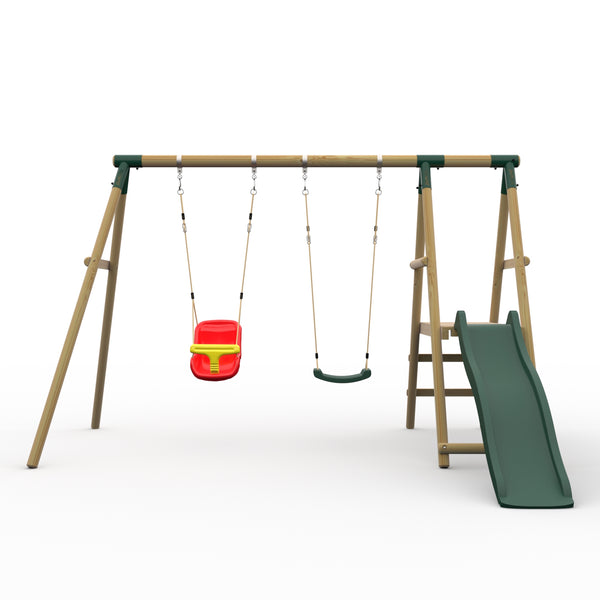 Plum® Roloway II™ Wooden Swing Set - Single Swing Baby Seat Deck & Slide
