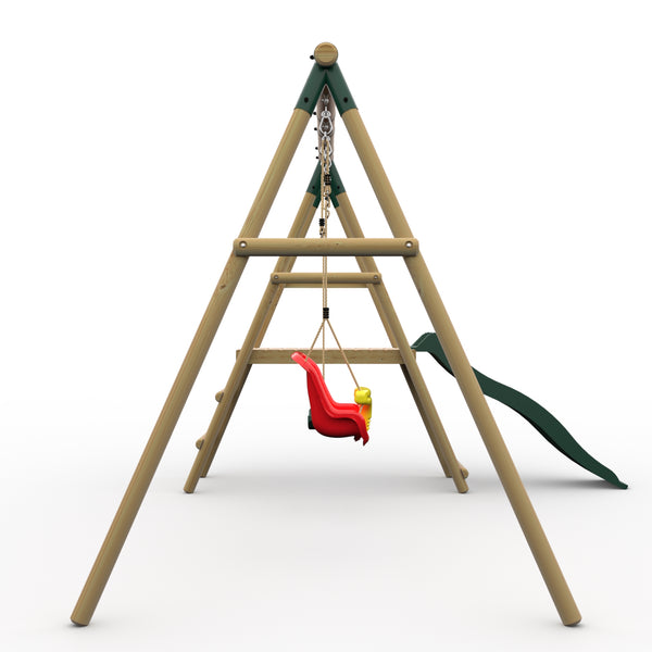 Plum® Roloway II™ Wooden Swing Set - Single Swing Baby Seat Deck & Slide