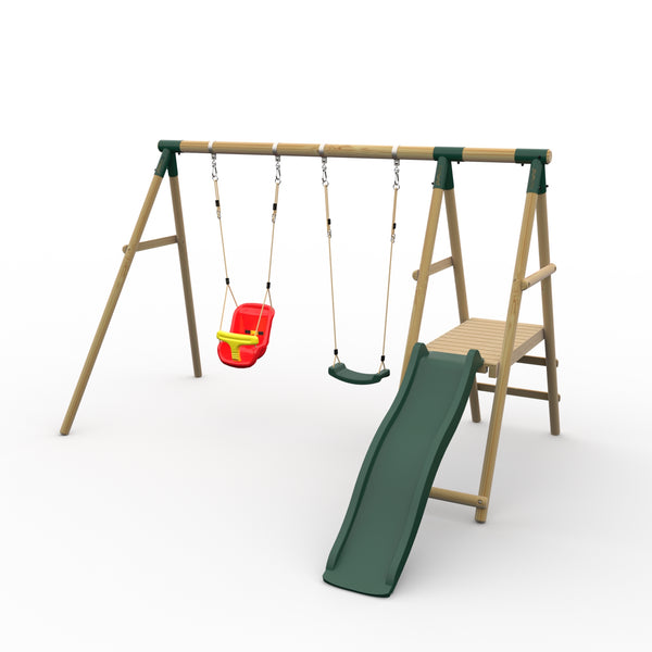 Plum® Roloway II™ Wooden Swing Set - Single Swing Baby Seat Deck & Slide