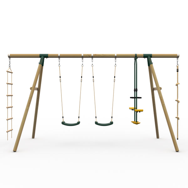 Plum® Triple Wooden Swing Set With Glider + Rope Ladder -Orang-Utan™