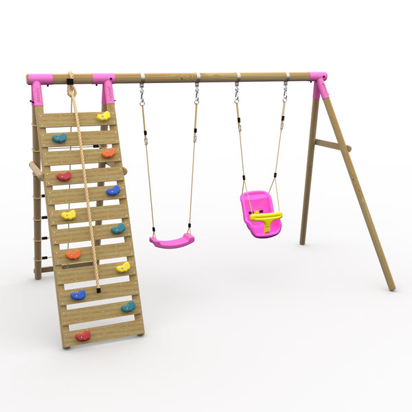 Plum® Uakari™ Wooden Swing Set - Single Swing Baby Seat & Climbing Wall