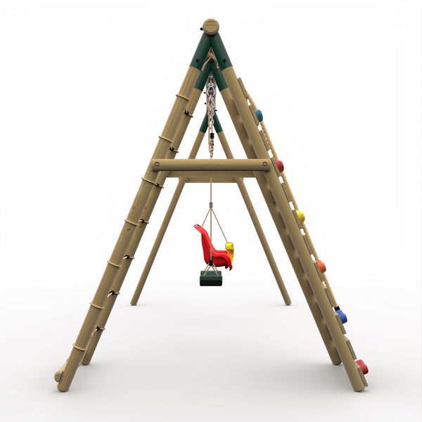 Plum® Uakari™ Wooden Swing Set - Single Swing Baby Seat & Climbing Wall