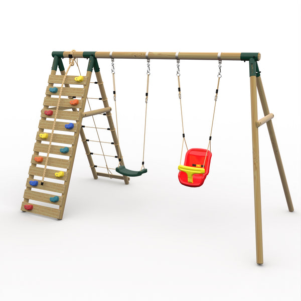 Plum® Uakari™ Wooden Swing Set - Single Swing Baby Seat & Climbing Wall