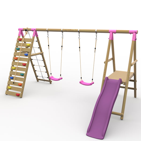 Plum® Woolly Monkey II™ Wooden Swing Set - Double Swing Climbing Wall Deck & Slide