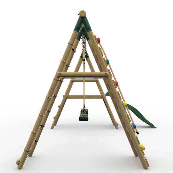 Plum® Woolly Monkey II™ Wooden Swing Set - Double Swing Climbing Wall Deck & Slide