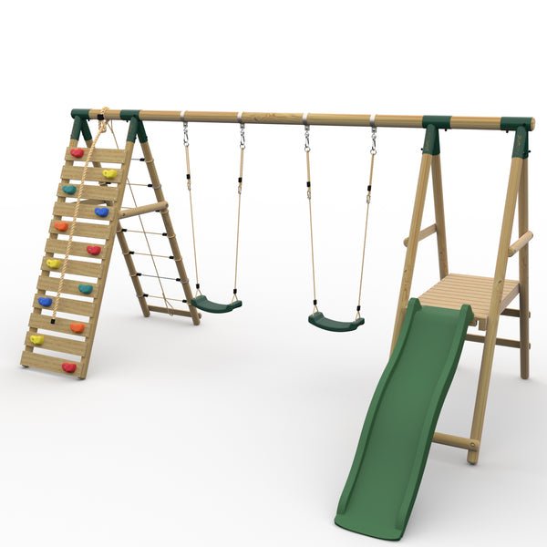 Plum® Woolly Monkey II™ Wooden Swing Set - Double Swing Climbing Wall Deck & Slide