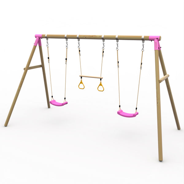 Plum Triple Wooden Swing Set With Trapeze - Mangabey