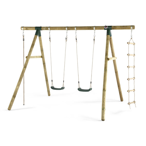 Plum Wooden Triple Swing Set with Rope and Ladder - Gibbon