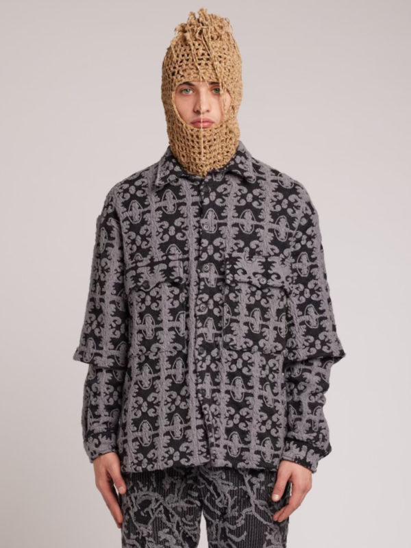 plùs que ma vìe 3D JACQUARD DOUBLE SLEEVES SHIRT BLACK AND GREY