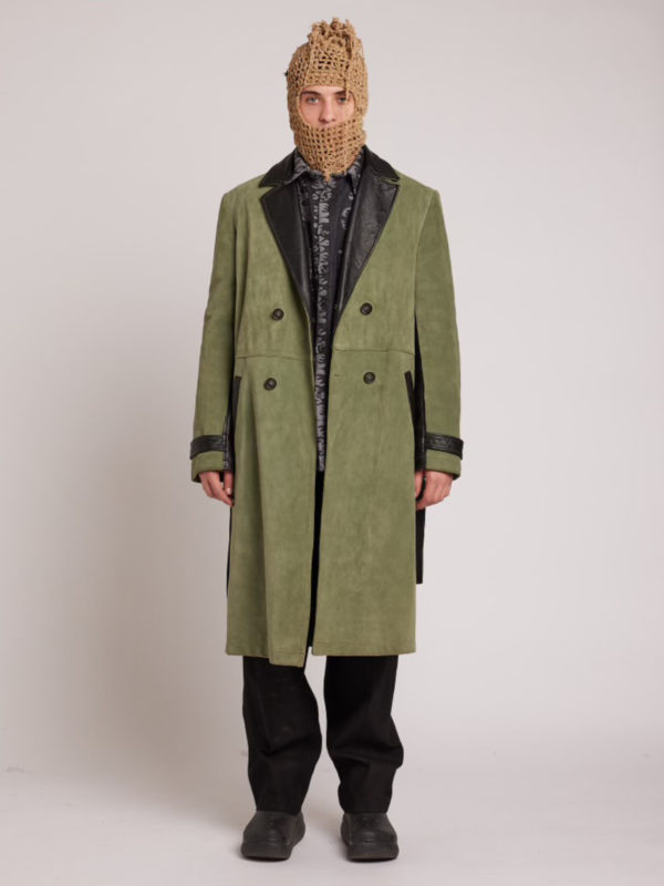 plùs que ma vìe GREEN LEATHER TRENCHCOAT GREEN AND BLACK