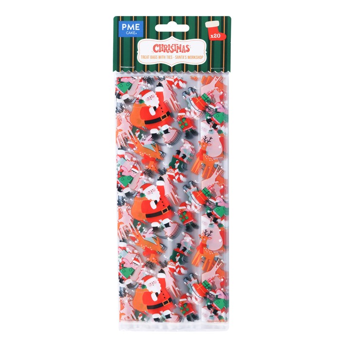 pme 20 Christmas Plastic Treat Bags - Santa's Workshop
