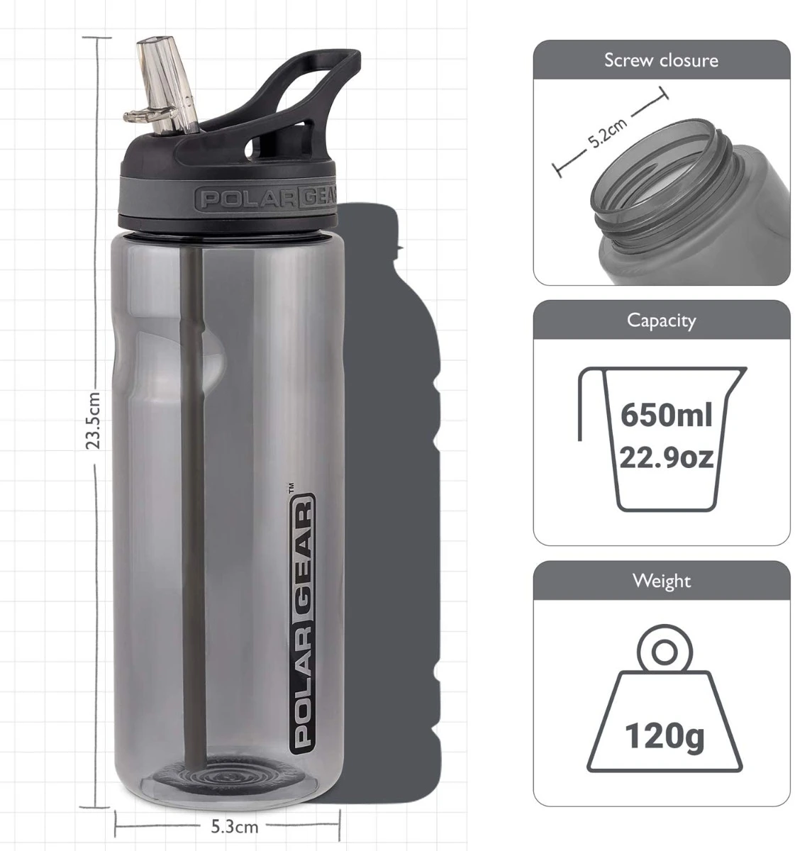 Polar Gear BPA Free Quality Plastic Water Bottle - Black 650ml
