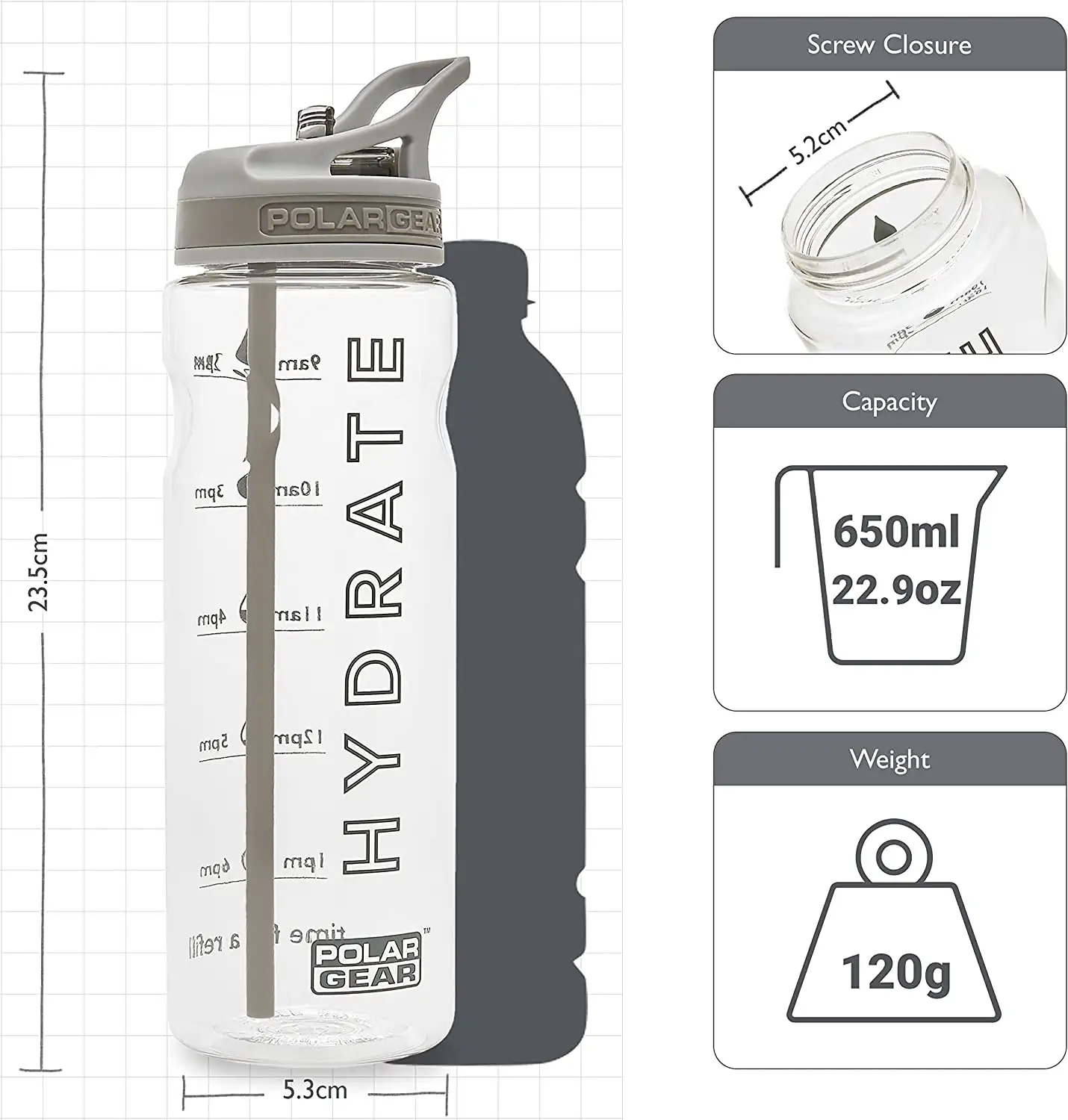 polar Gear Motivational Water Bottle - Grey 750ml
