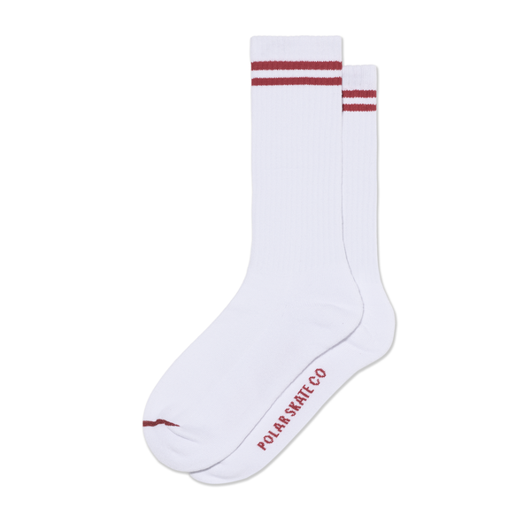 polar skate co. Rib Socks | Long | 2 Stripes - White/Cherry