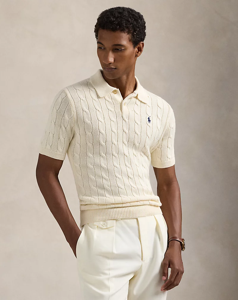 polo golf ralph lauren Cable-Knit Cotton Polo-Collar Sweater