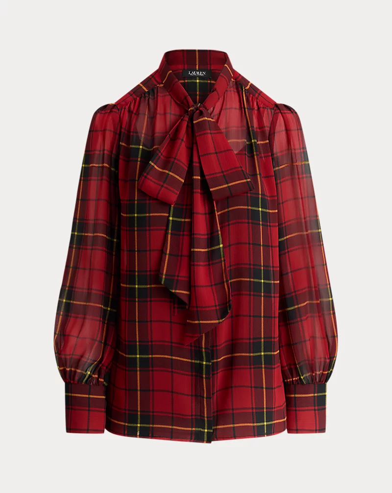 Polo Golf Ralph Lauren Checked Plaid Georgette Tie-Neck Blouse